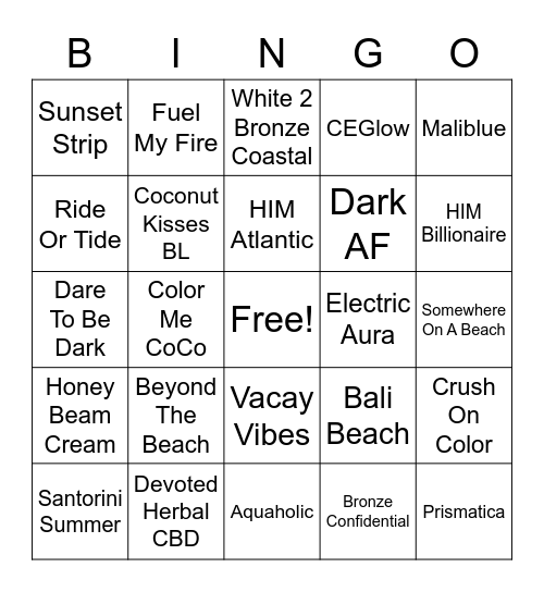 Sienna Tan Lotion Bingo Card