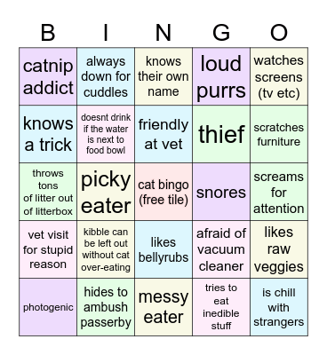 cat trait behavior mischief bingo Card