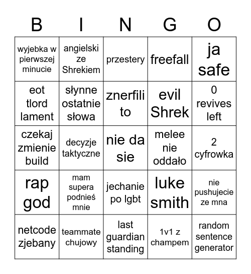 Gmy ze Shrekiem Bingo Card