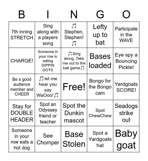 Hartford Yardgoats vs Portland Seadogs Bingo Card