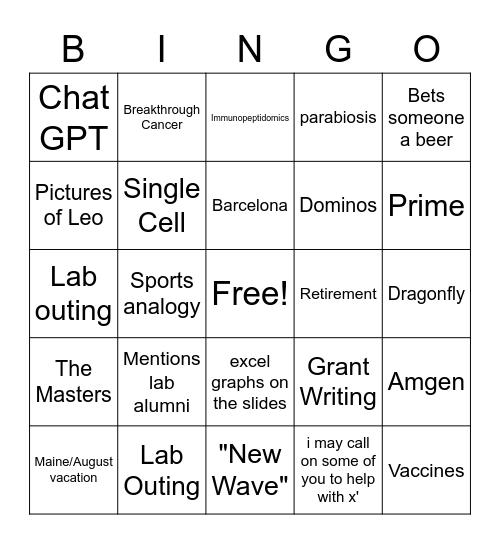 TJ Lab Meeting Bingo Card