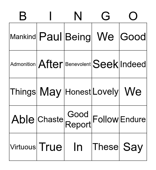 Article of Faith Bingo Card