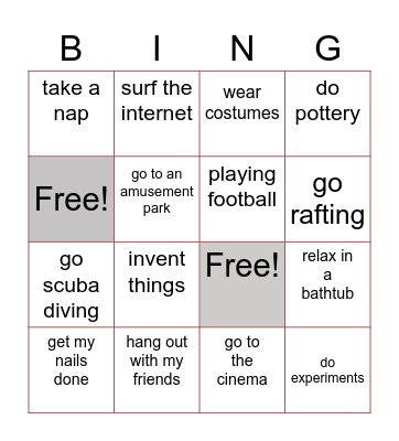 Leisure Time  Bingo Card