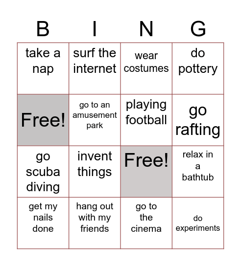 Leisure Time  Bingo Card