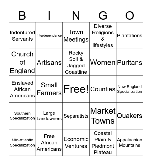 Colonies Bingo Card