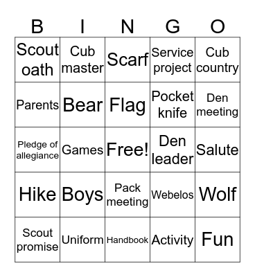 Cub scout Bingo Card