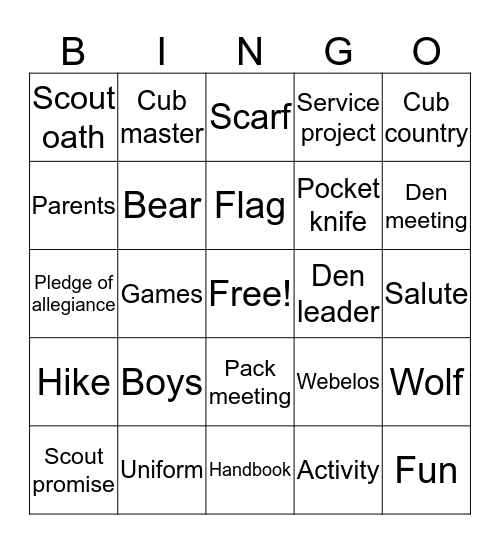 Cub scout Bingo Card