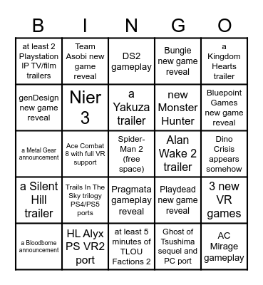 Playstation Showcase 2023 Bingo Card