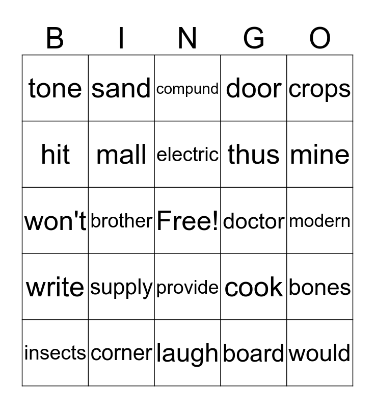 Word Bingo Card