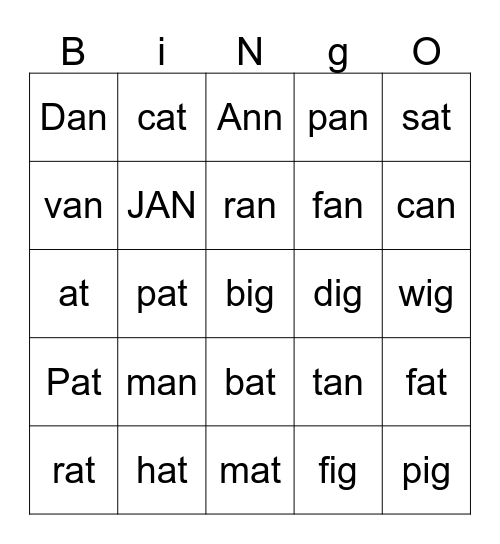 ig, at, an  words Bingo Card