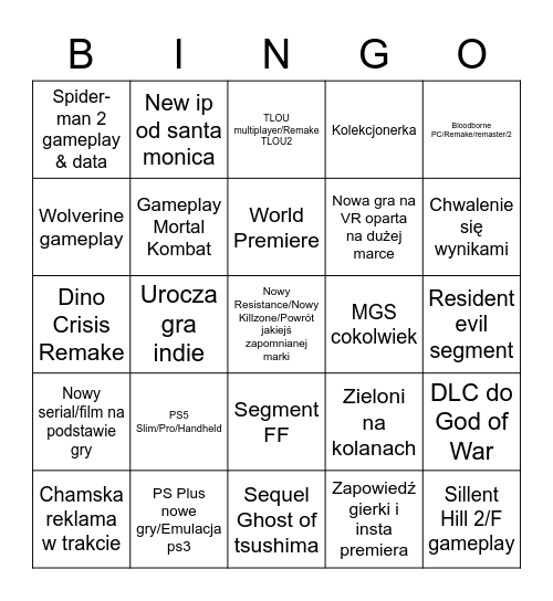 Pokaz sonyy Bingo Card