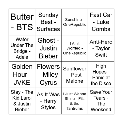 Pop Music Bingo Card