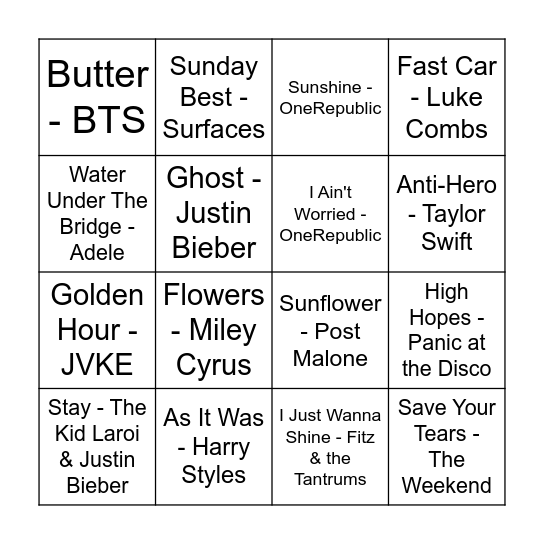 Pop Music Bingo Card