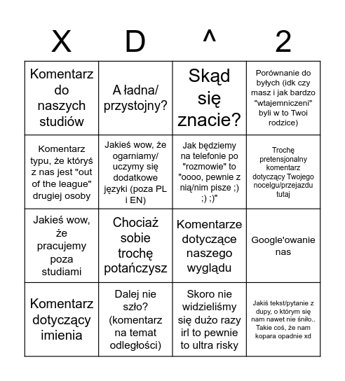 Co rodzice powiedzą? Bingo Card