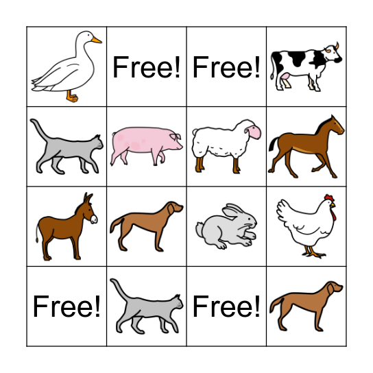 Farm Animals Bingo Card