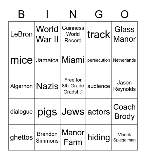 8th-Grade ELA Bingo Card