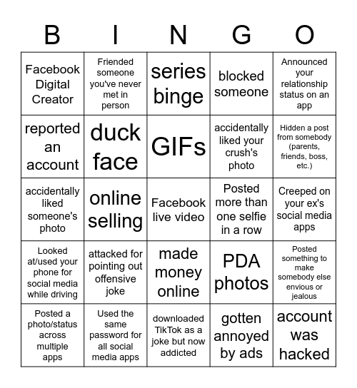 Social Media BLACKOUT Bingo Card