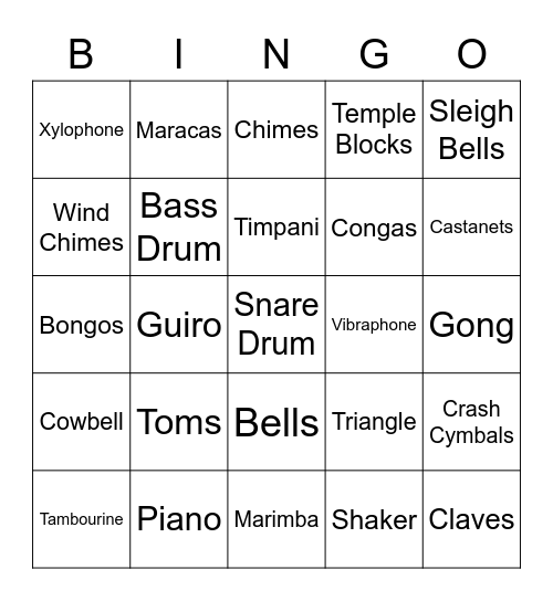 Percussion Instruments Bingo Card