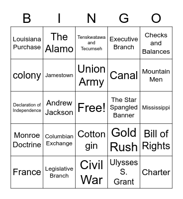 U.S. History Year-End Review Bingo Card