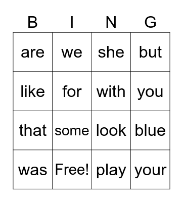 Sight words Bingo Card