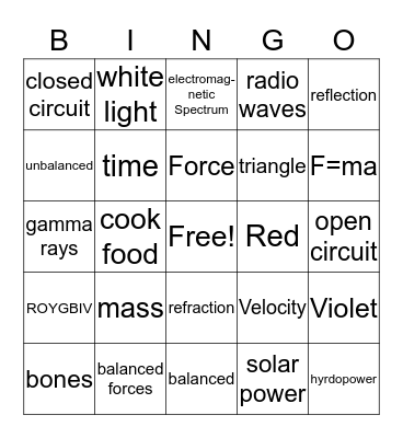 Physics/Motion Class Bingo Card