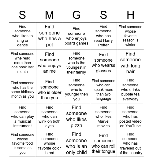 New Classmate Bingo Card