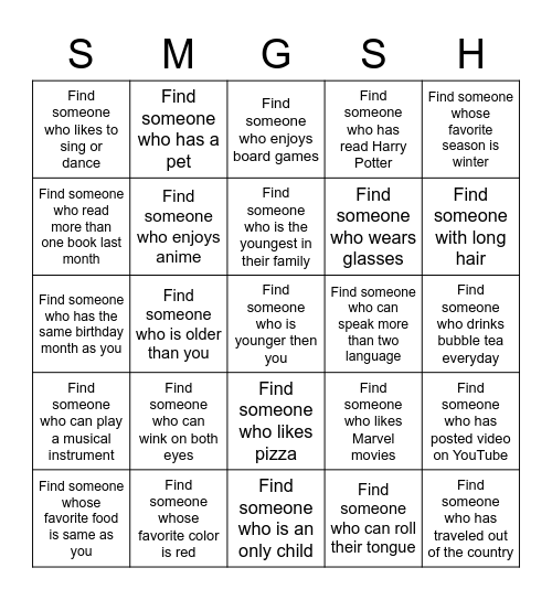 New Classmate Bingo Card