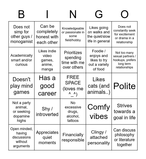 My Type Bingo Card