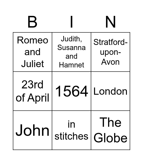 Shakespeare Bingo! Bingo Card