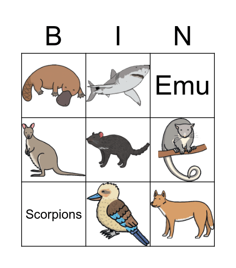 Australian Animal Bingo Card