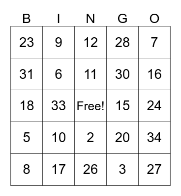 Number Bingo Card