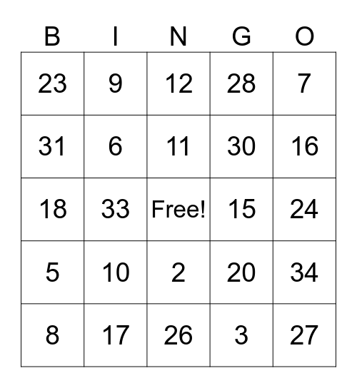 Number Bingo Card