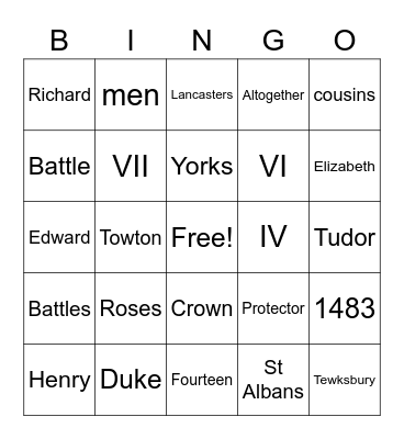 War of the Roses Bingo Card