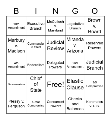 U.S. Government Review Bingo Card