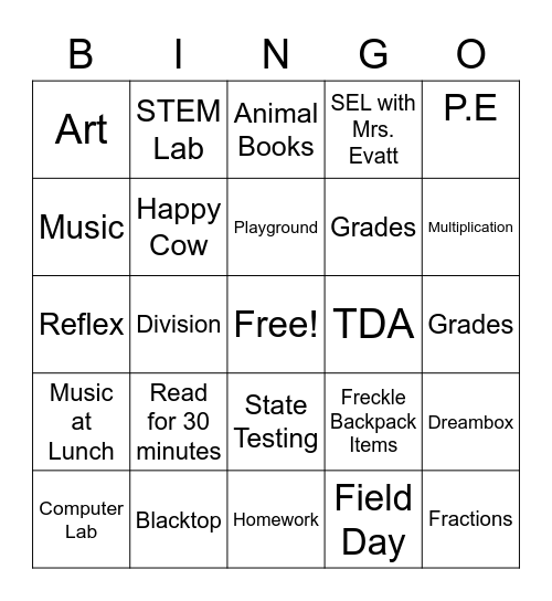 Welcome to Third Grade! Bingo Card