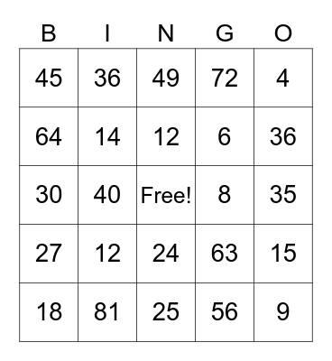 Multiplication Bingo Card