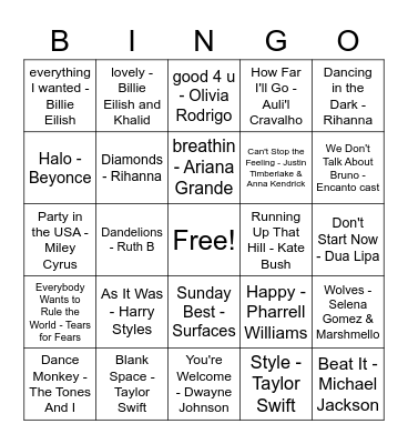 Summer Playlist Bingo Card