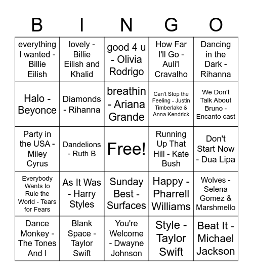 Summer Playlist Bingo Card