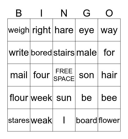 Homophones Bingo Card