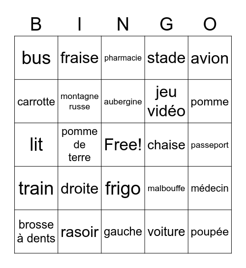 Vocabulaire de Français 2 Bingo Card