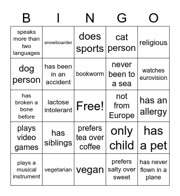 Get to know each other! Bingo Card