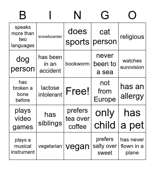 Get to know each other! Bingo Card