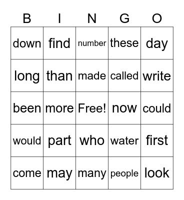sight words 1 Bingo Card