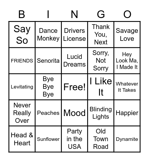 Top Hits Bingo Card