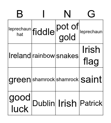 Saint Patricks Day Bingo Card