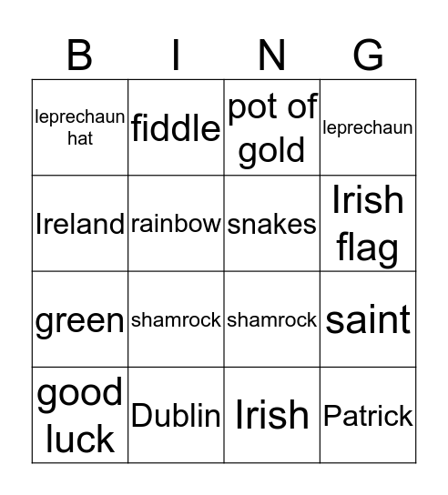 Saint Patricks Day Bingo Card