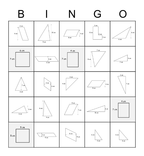 Area of Shapes - Silver Bingo Card