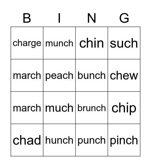Ch digraphs Bingo Card