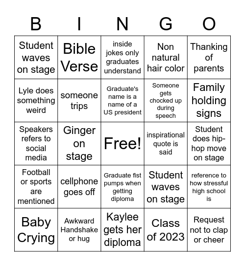 Kaylee's Graduation Bingo Card