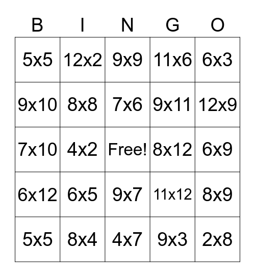 Multiplication Bingo Card